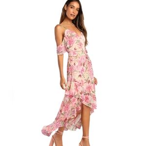 Lulus Watch Me Grow Pink Floral Print Cold-Shoulder High-Low Dress..Size Medium